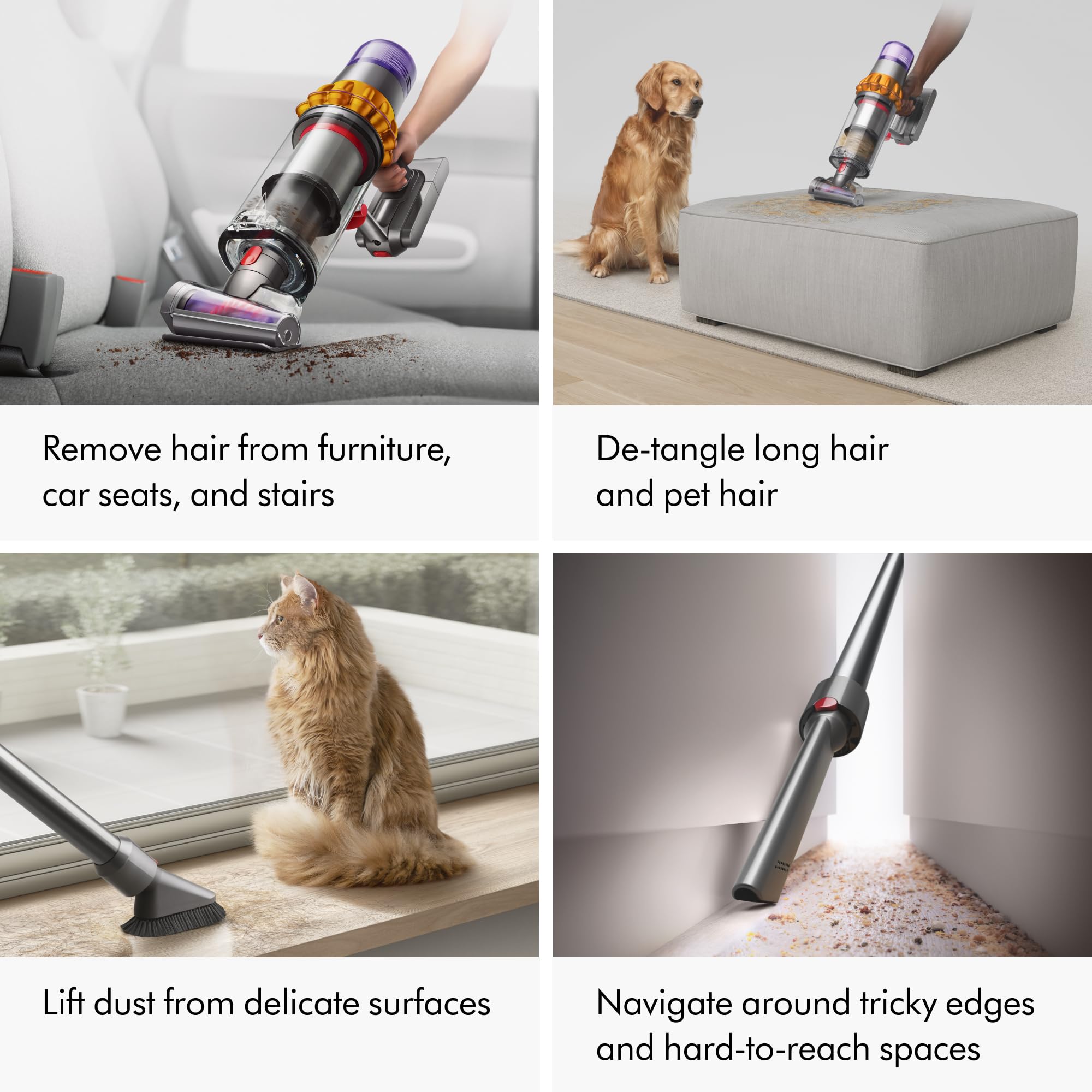 Dyson V15 Detect Plus Anti-tangle conical brush removes hair from pet beds.