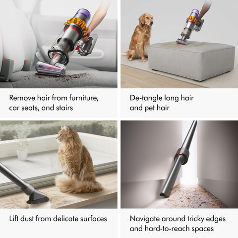 Dyson V15 Detect Plus Anti-tangle conical brush removes hair from pet beds.