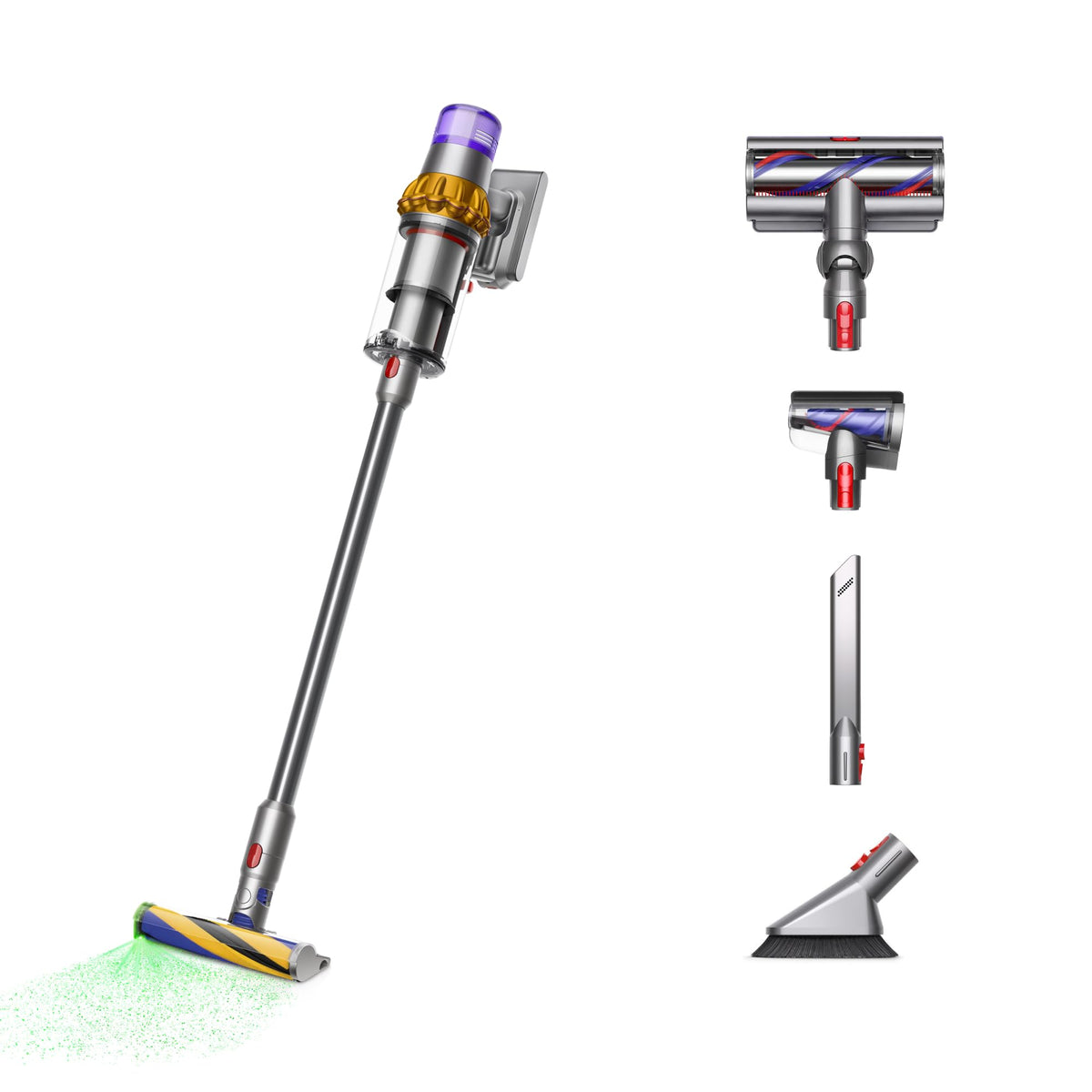 Dyson V15 Detect Plus with Fluffy Optic cleaner head reveals hidden dust on hard floors.