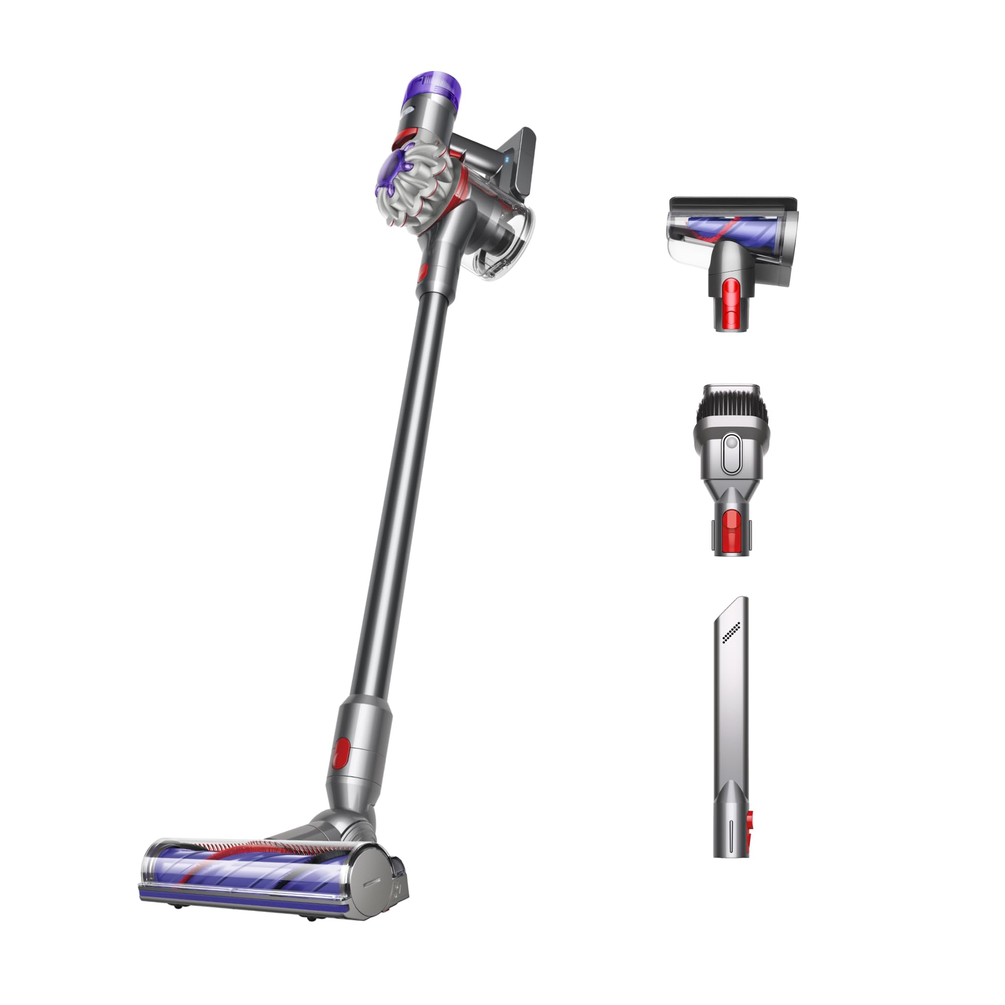 Dyson V8 motorbar cleaner head cleans carpets and hard floors with hair detangling