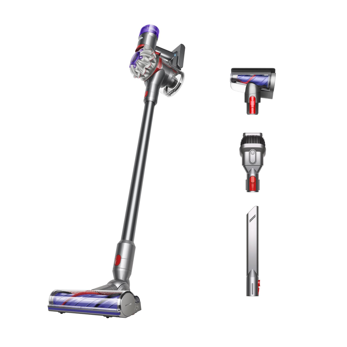 Dyson V8 motorbar cleaner head cleans carpets and hard floors with hair detangling