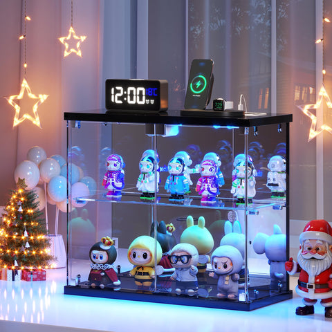 Dystler lighted clear glass display case with 2-tier layout for models and figures.
