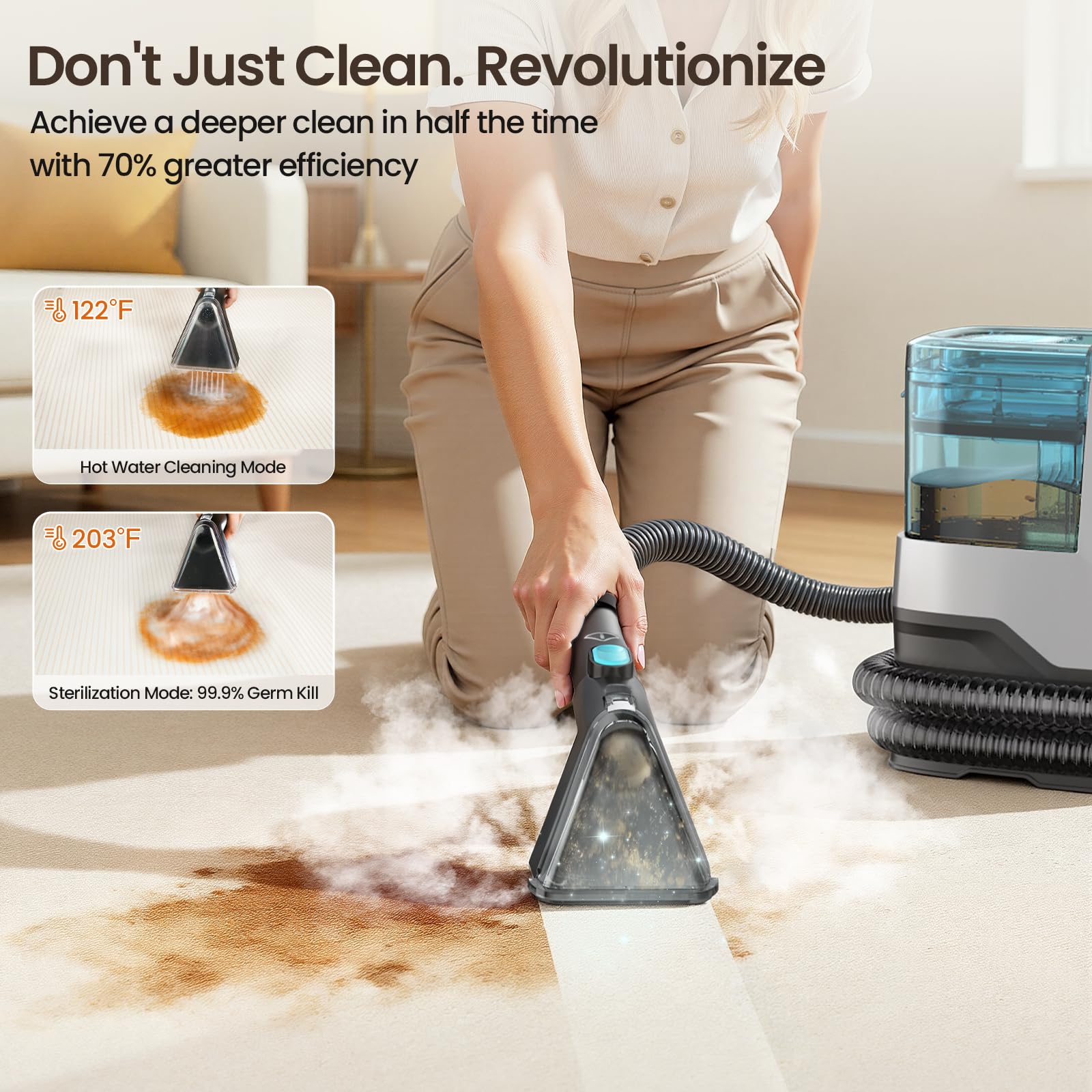 Dzaki high-temp steam at 203F loosens tough stains without chemicals.