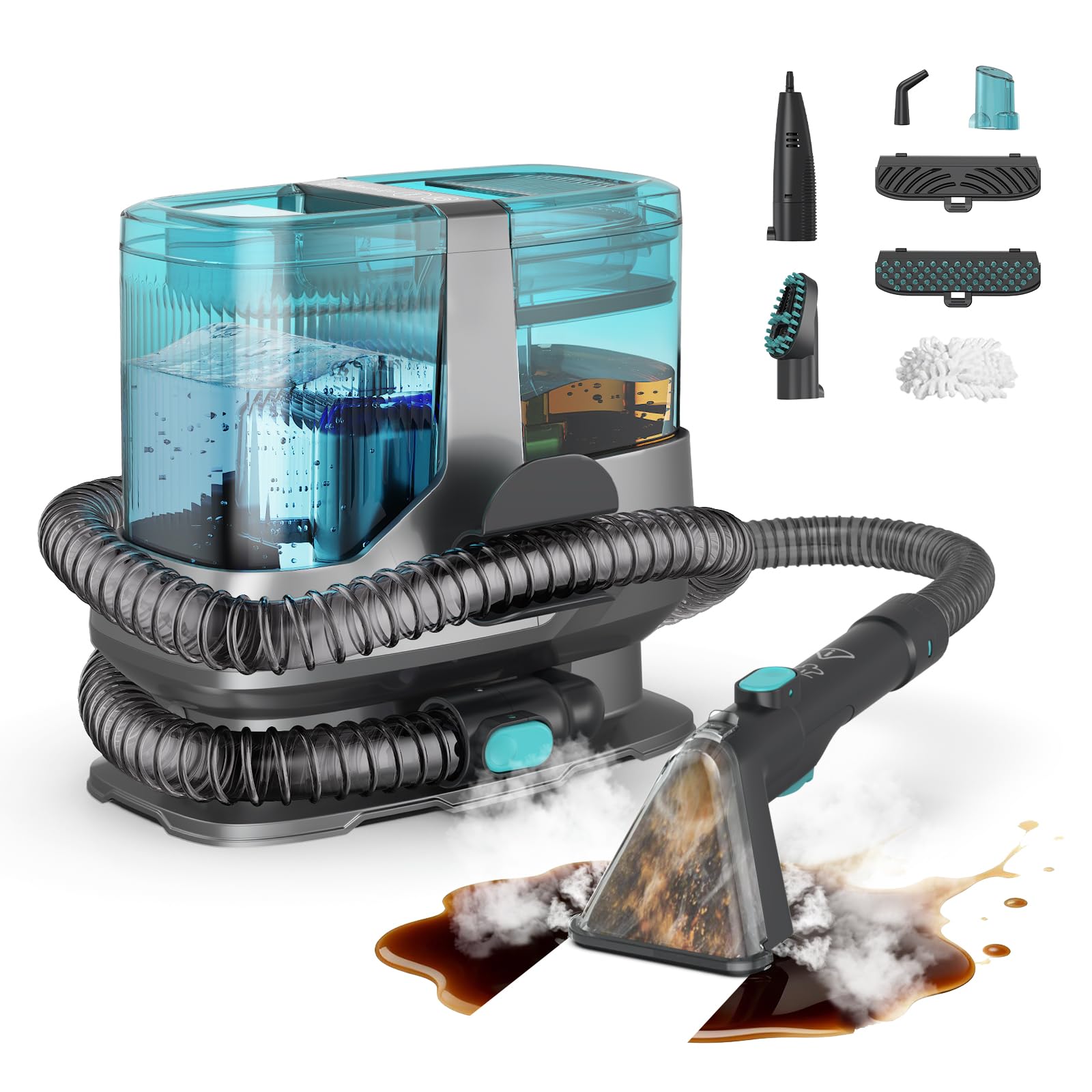 Dzaki portable steam cleaner in action for carpets and upholstery.