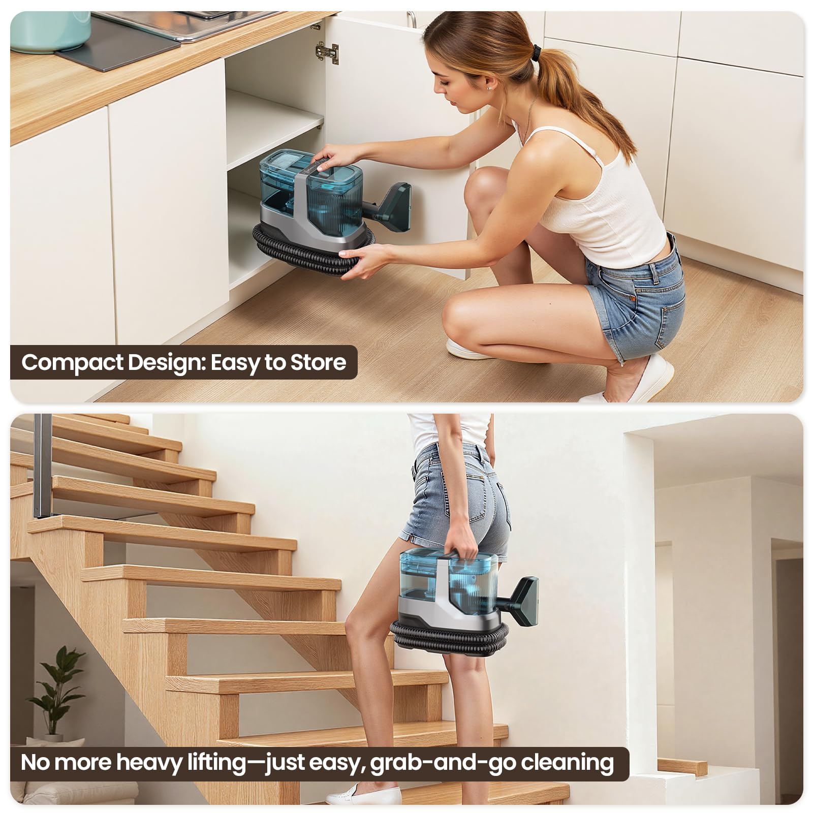 Dzaki stairs cleaning attachment reaches high and narrow spaces.