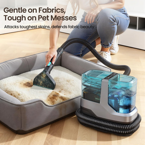 Dzaki upholstery tool demonstrates deep cleaning on sofa fabrics.