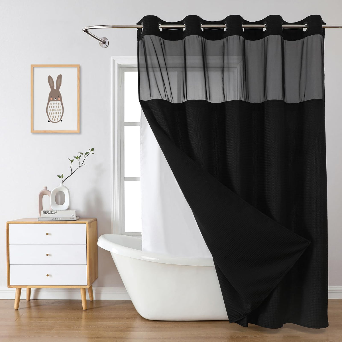 Eachope black no-hook waffle weave curtain with mesh-top enhances privacy and natural light.