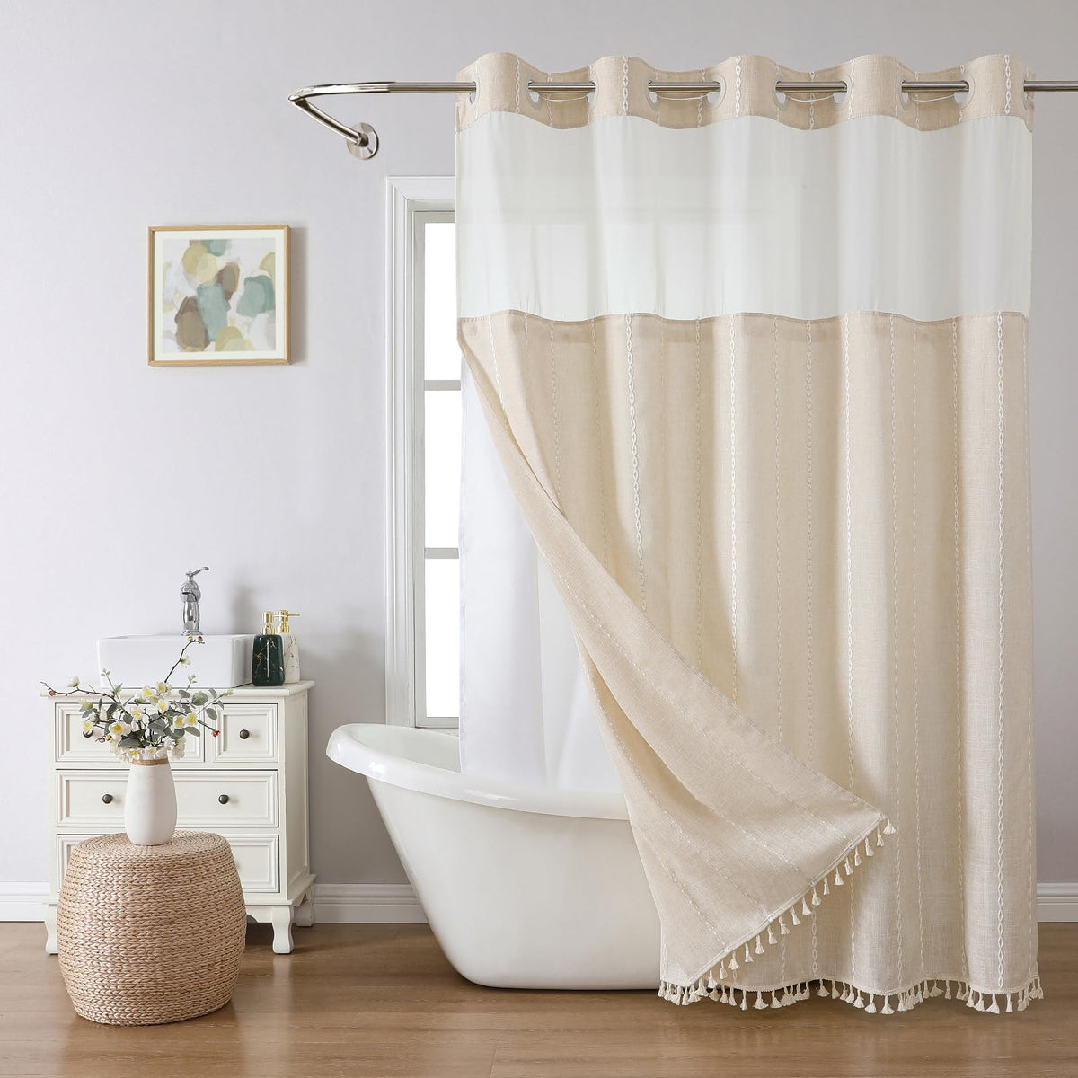 Eachope boho farmhouse shower curtain with no-hook design for easy installation