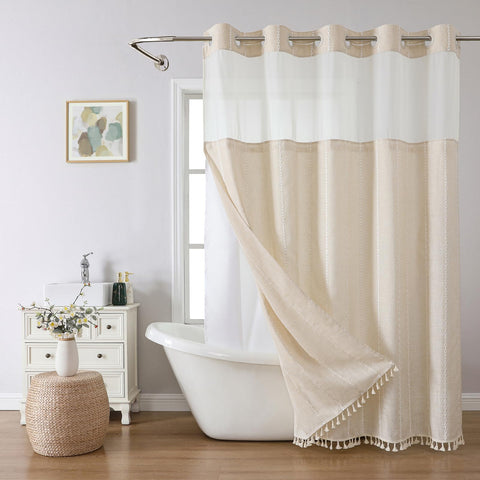 Eachope boho farmhouse shower curtain with no-hook design for easy installation