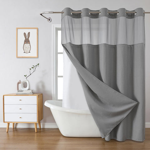 Eachope grey no-hook waffle weave shower curtain with a stylish pattern and easy hanging.