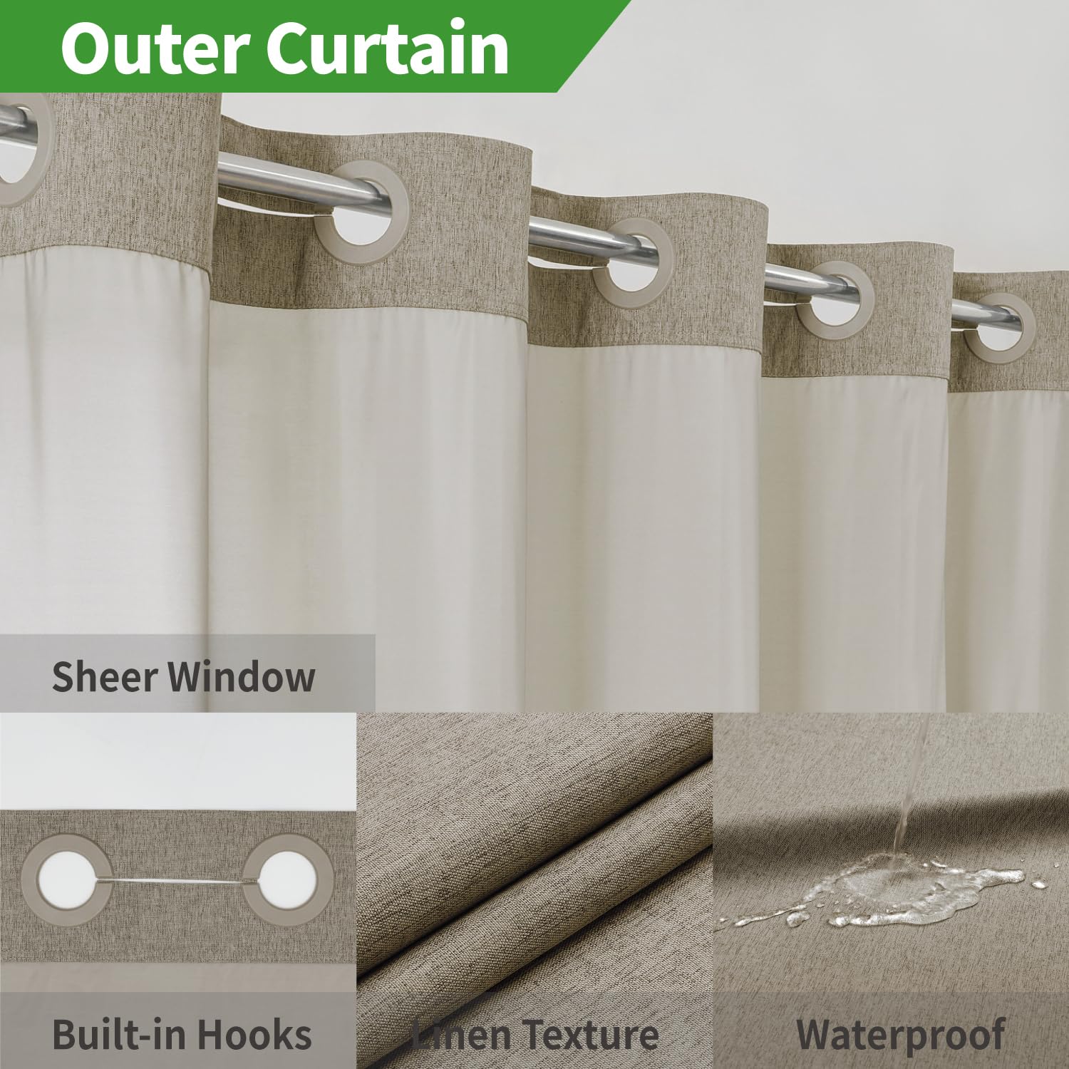 Eachope hotel-quality curtain in khaki tan adds luxury to daily showers.