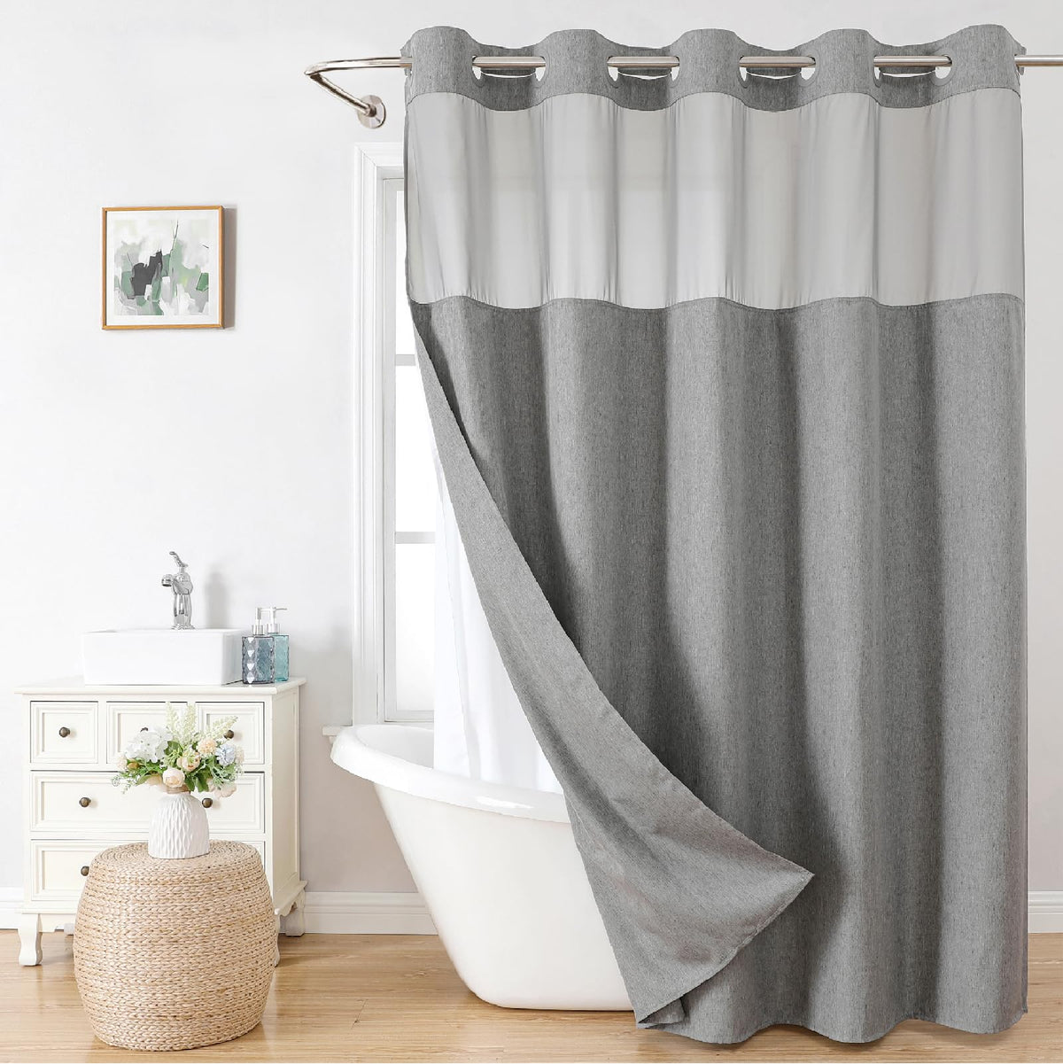 Eachope linen textured shower curtain full view for a sleek, hotel-inspired bathroom.