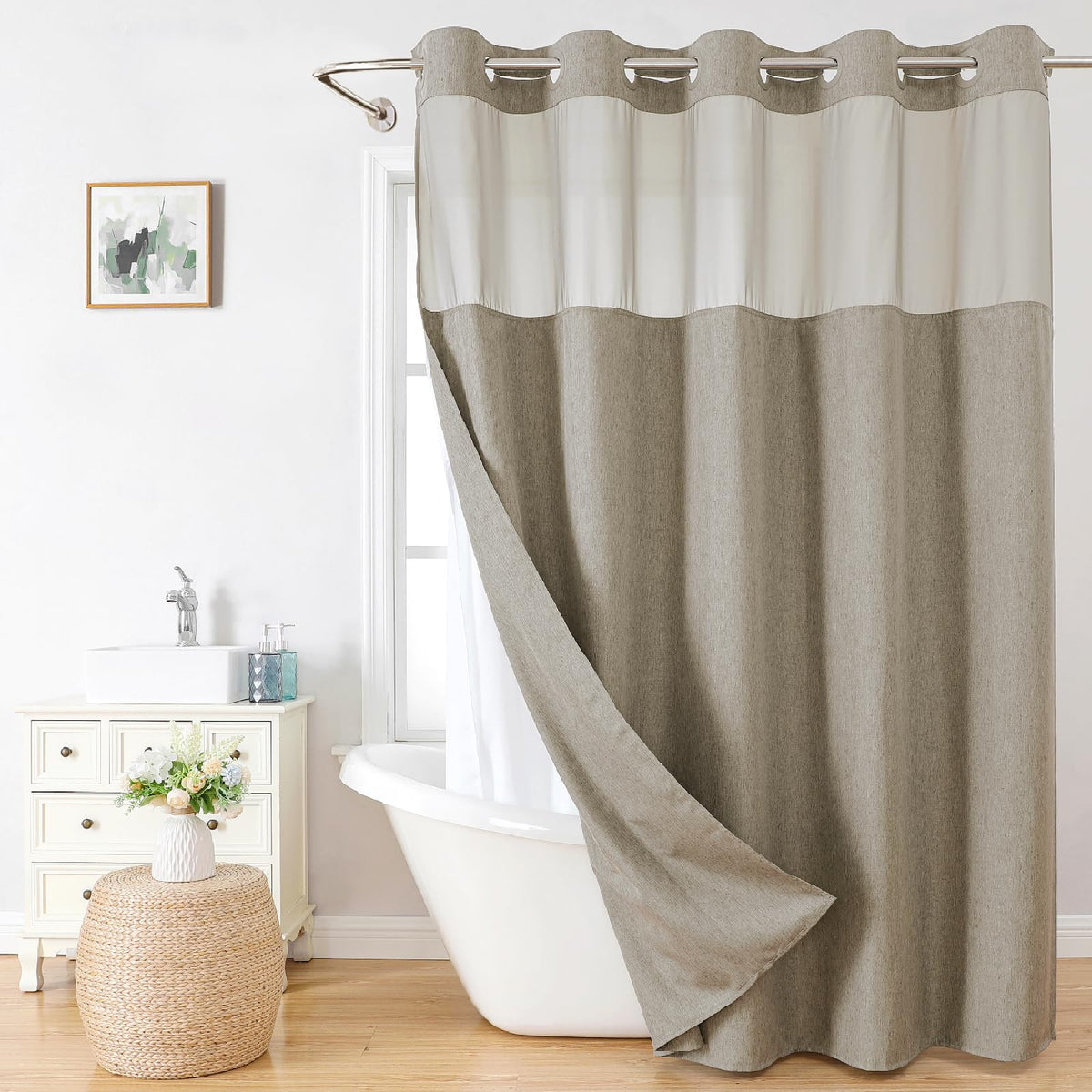 Eachope linen-textured shower curtain with mesh top window, combines light and privacy.