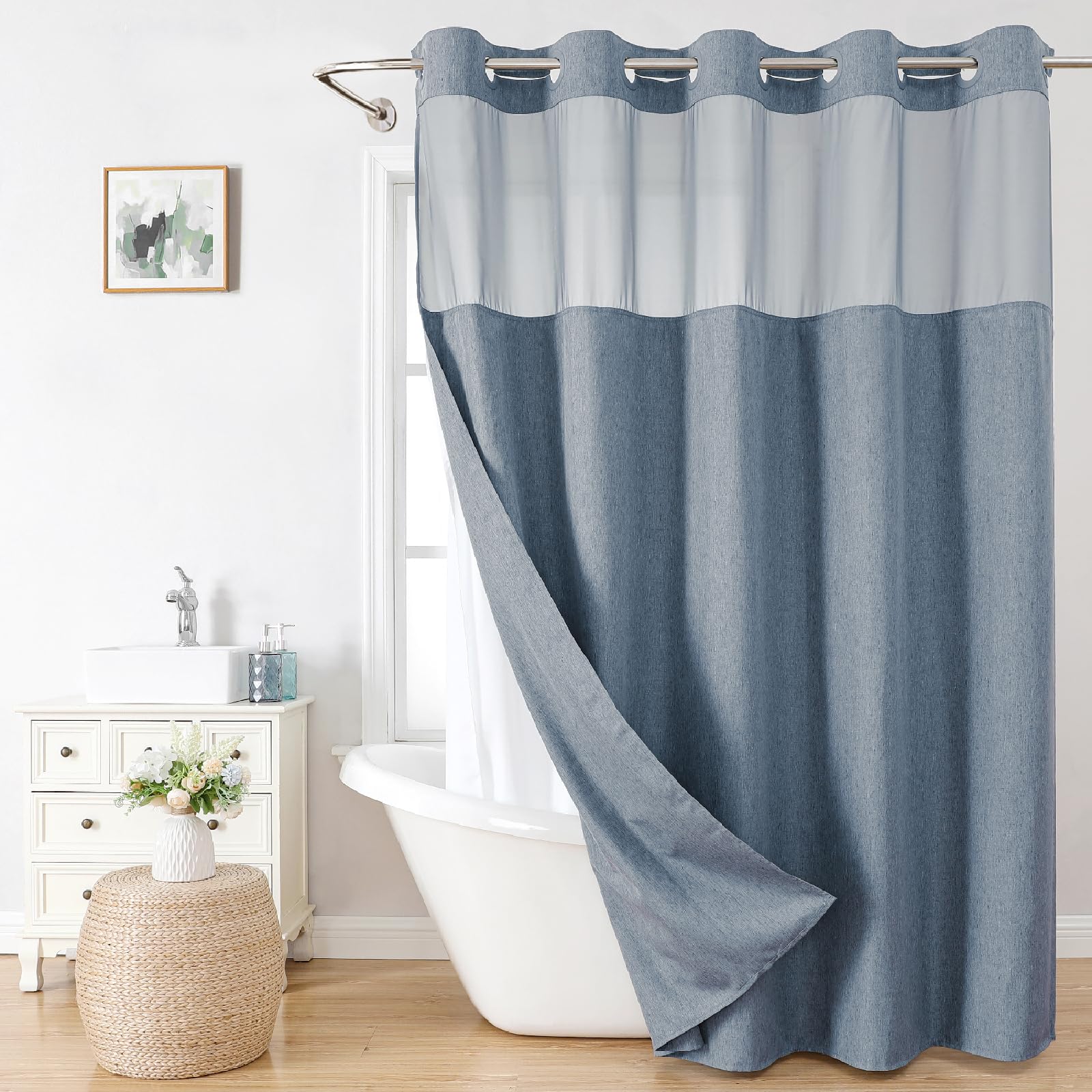 Eachope linen-textured shower curtain with no hooks for quick hanging and sleek style.