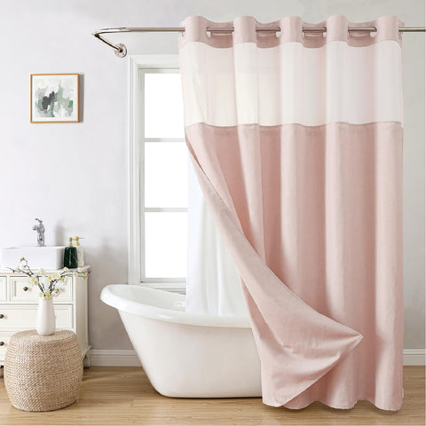 Eachope no-hooks-needed linen textured shower curtain offers easy hanging and a clean look.