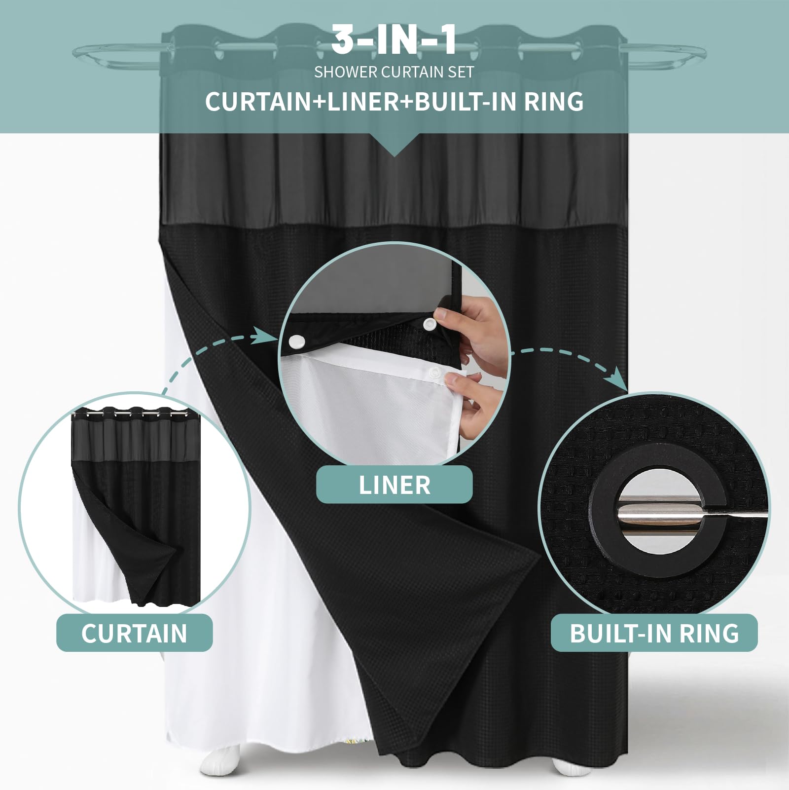 Eachope ringless shower curtain shows easy hanging without removing the rod.