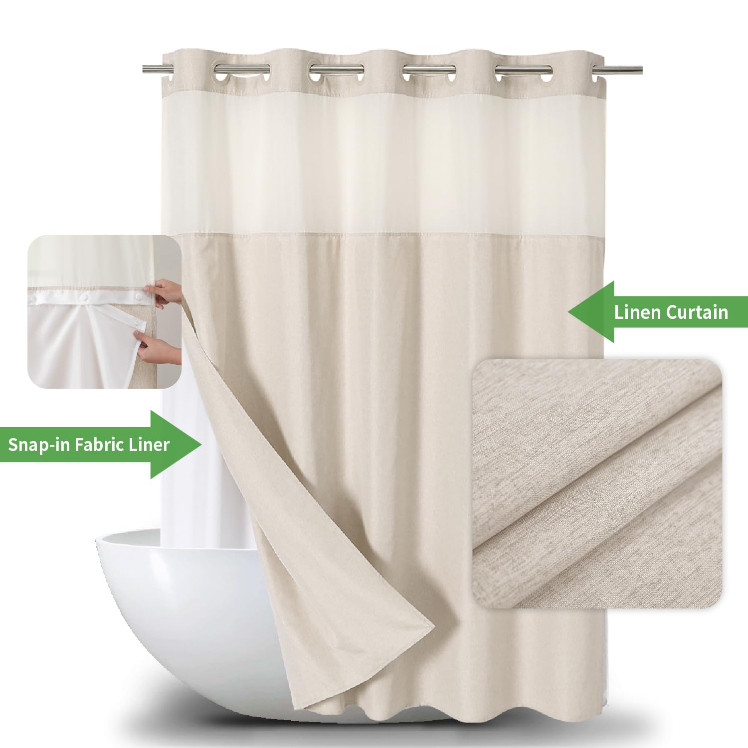 Eachope ringless shower curtain open-ring design enables simple hanging during setup.