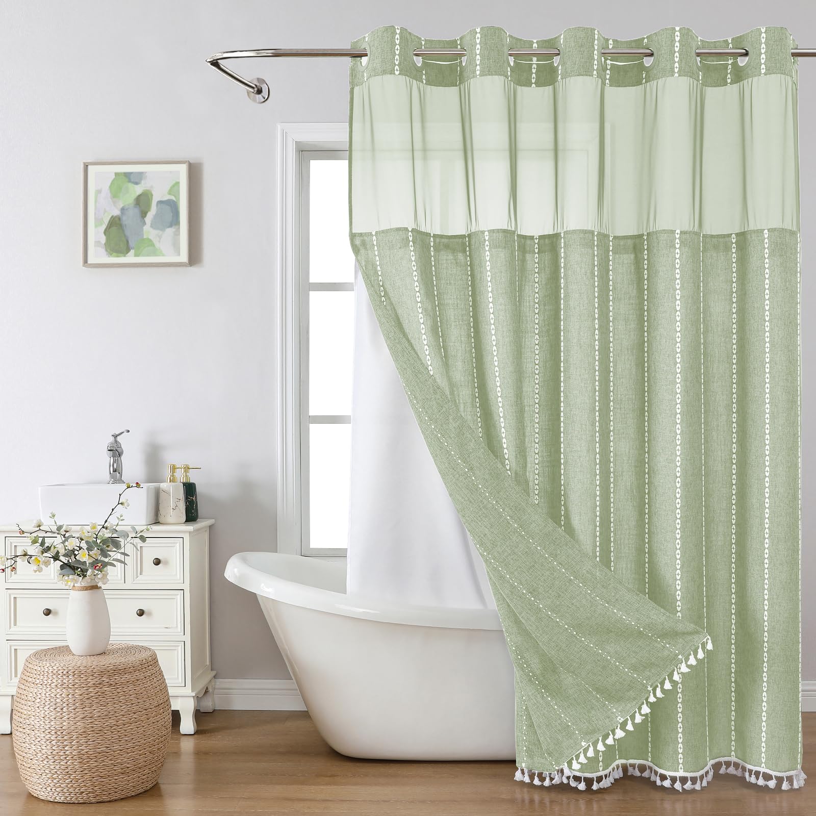 Eachope sage green farmhouse curtain fabric close-up showing premium linen blend texture