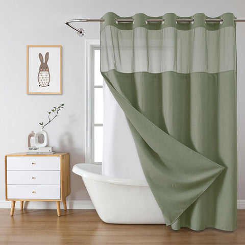 Eachope SageGreen no-hook waffle weave curtain for easy bathroom hanging