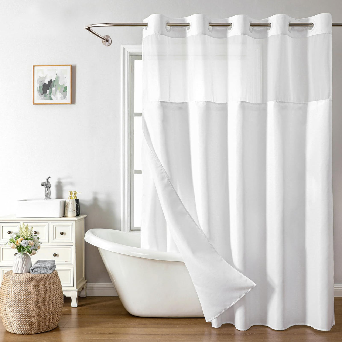 Eachope linen-textured shower curtain adds elegant privacy in a bright bathroom