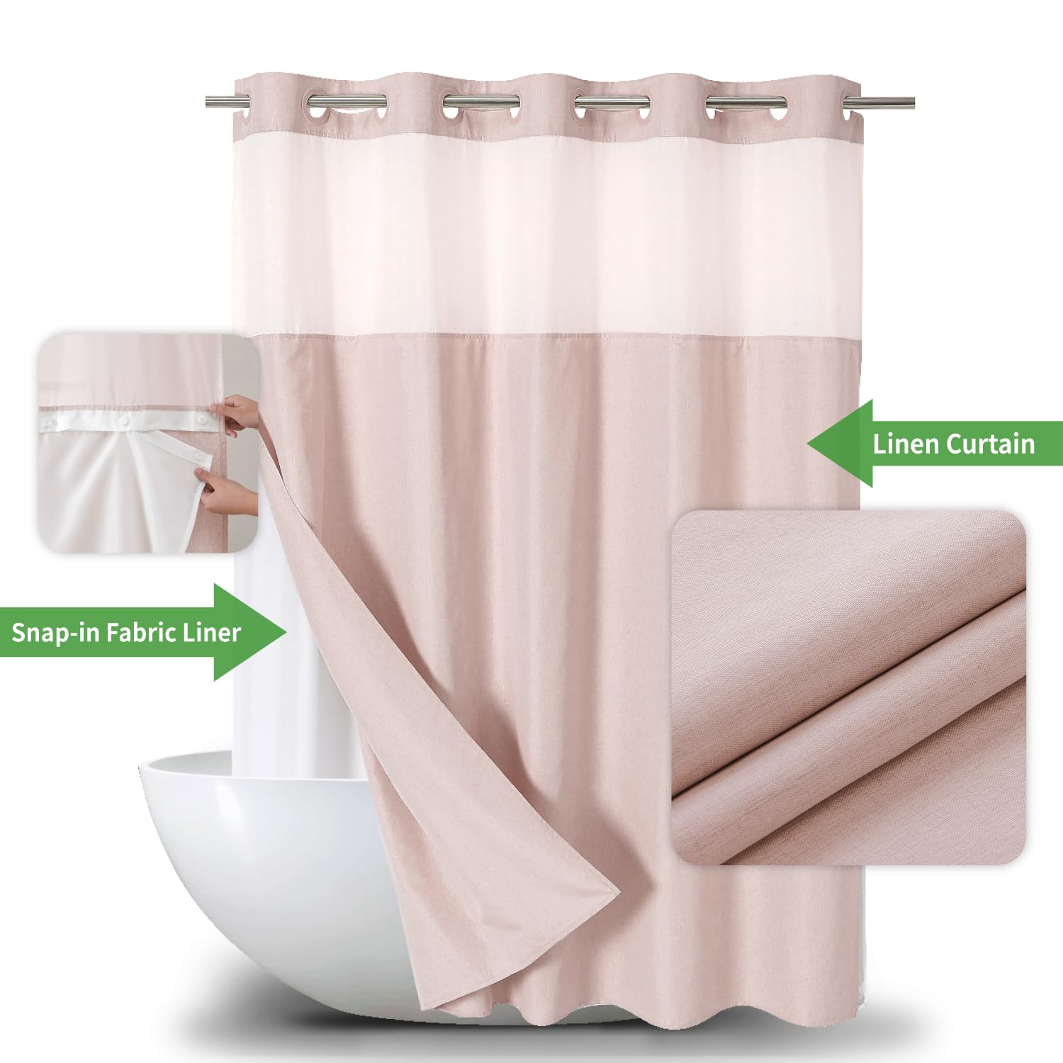 Eachope snap-on liner with magnets provides stable, low-maintenance privacy while showering.