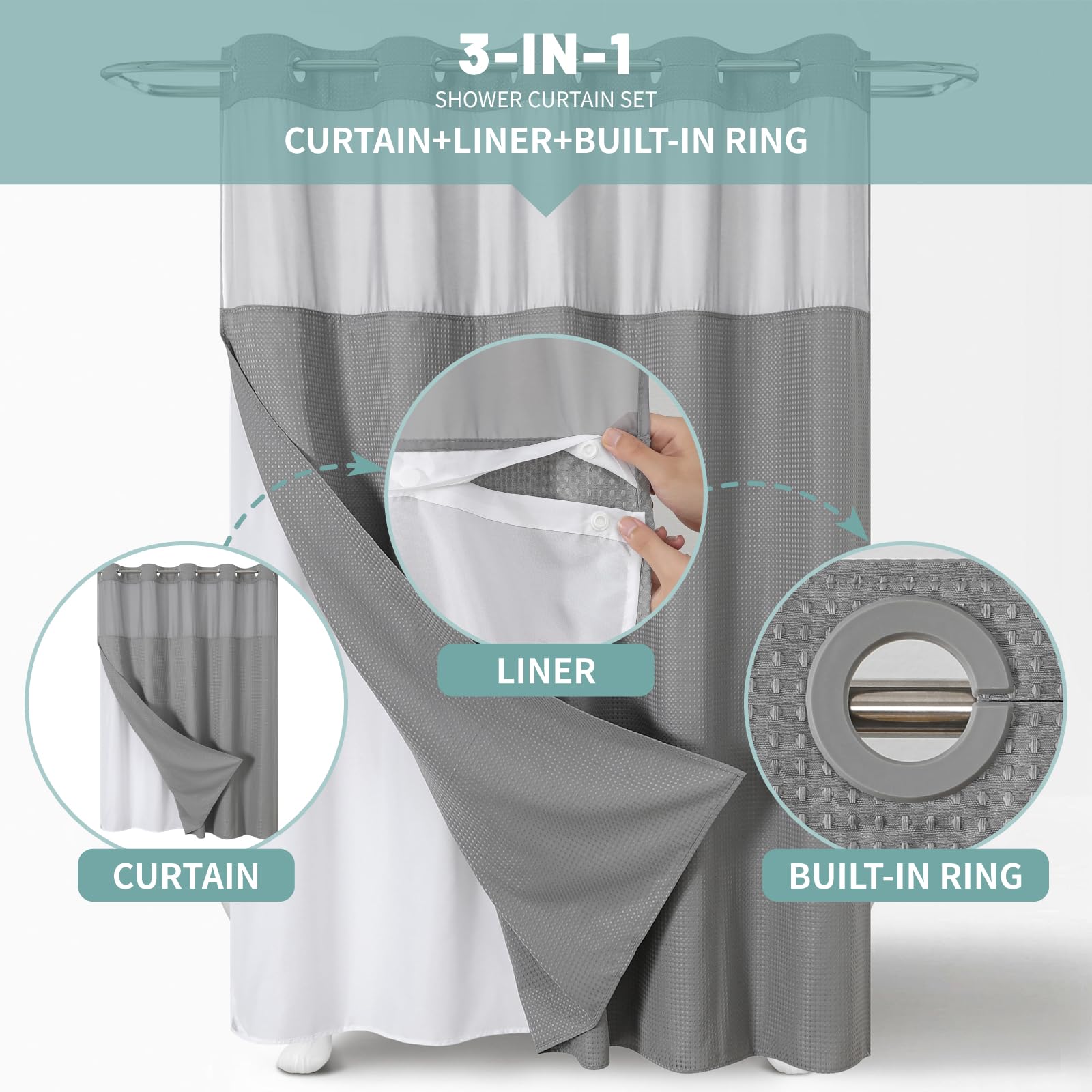 Eachope snap-on liner for shower curtain facilitates quick cleaning and replacement.