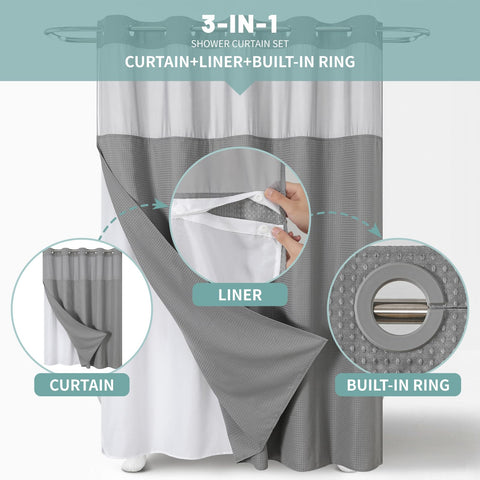 Eachope snap-on liner for shower curtain facilitates quick cleaning and replacement.