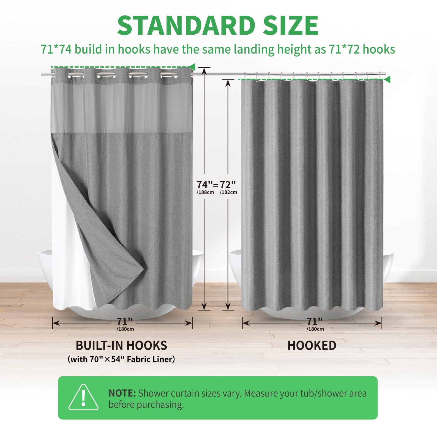 Eachope 71x74 inch curtain fits standard baths with waterproof, washable design.