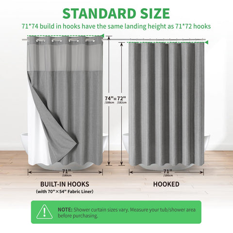 Eachope 71x74 inch curtain fits standard baths with waterproof, washable design.