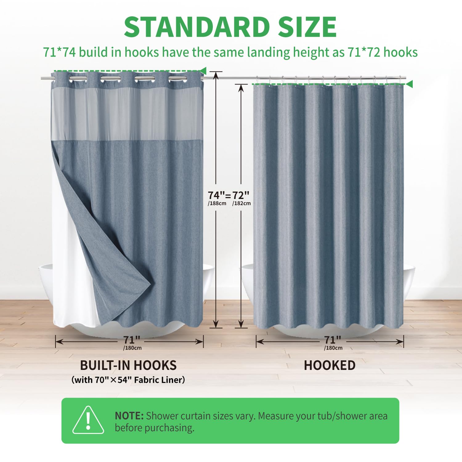 Eachope standard 71x74 shower curtain fits most spaces for universal use.