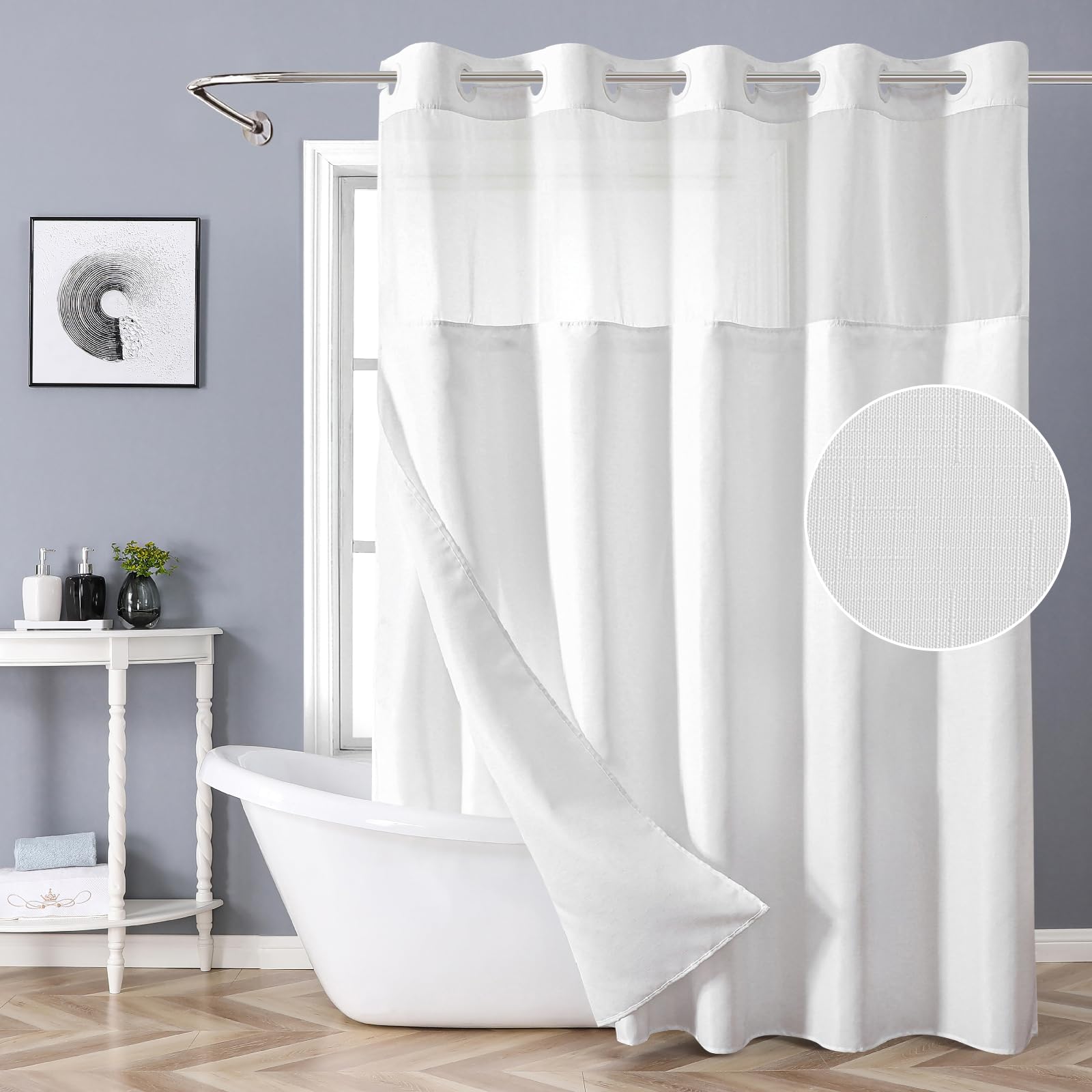 Eachope white no-hook shower curtain with built-in grommets for quick installation and privacy.