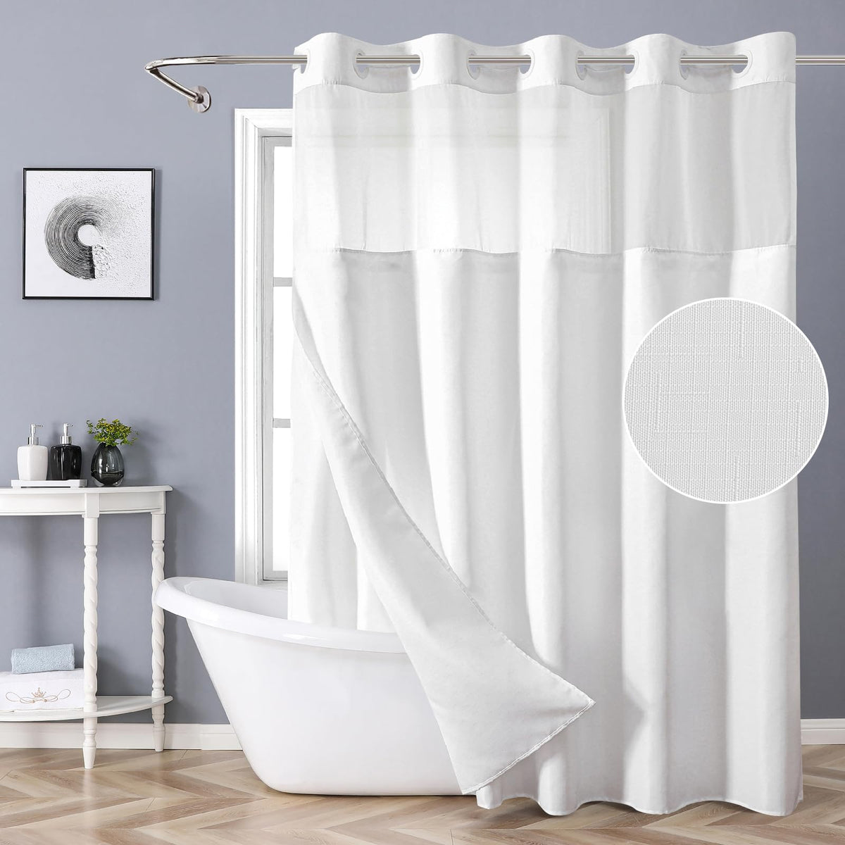 Eachope white no-hook shower curtain with built-in grommets for quick installation and privacy.