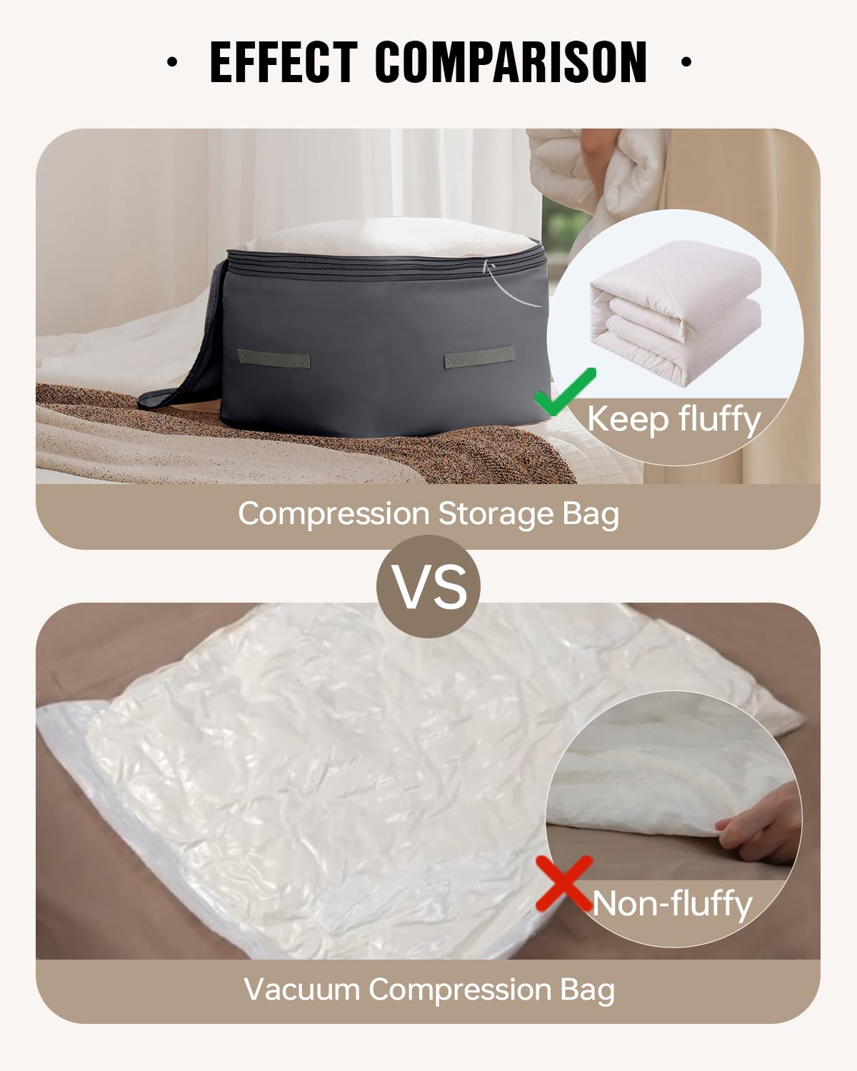 Eachy no vacuum compression design minimizes noise during storage