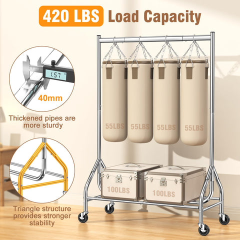 EAGMAK rolling wheels on a heavy-duty clothes rack for easy transport.