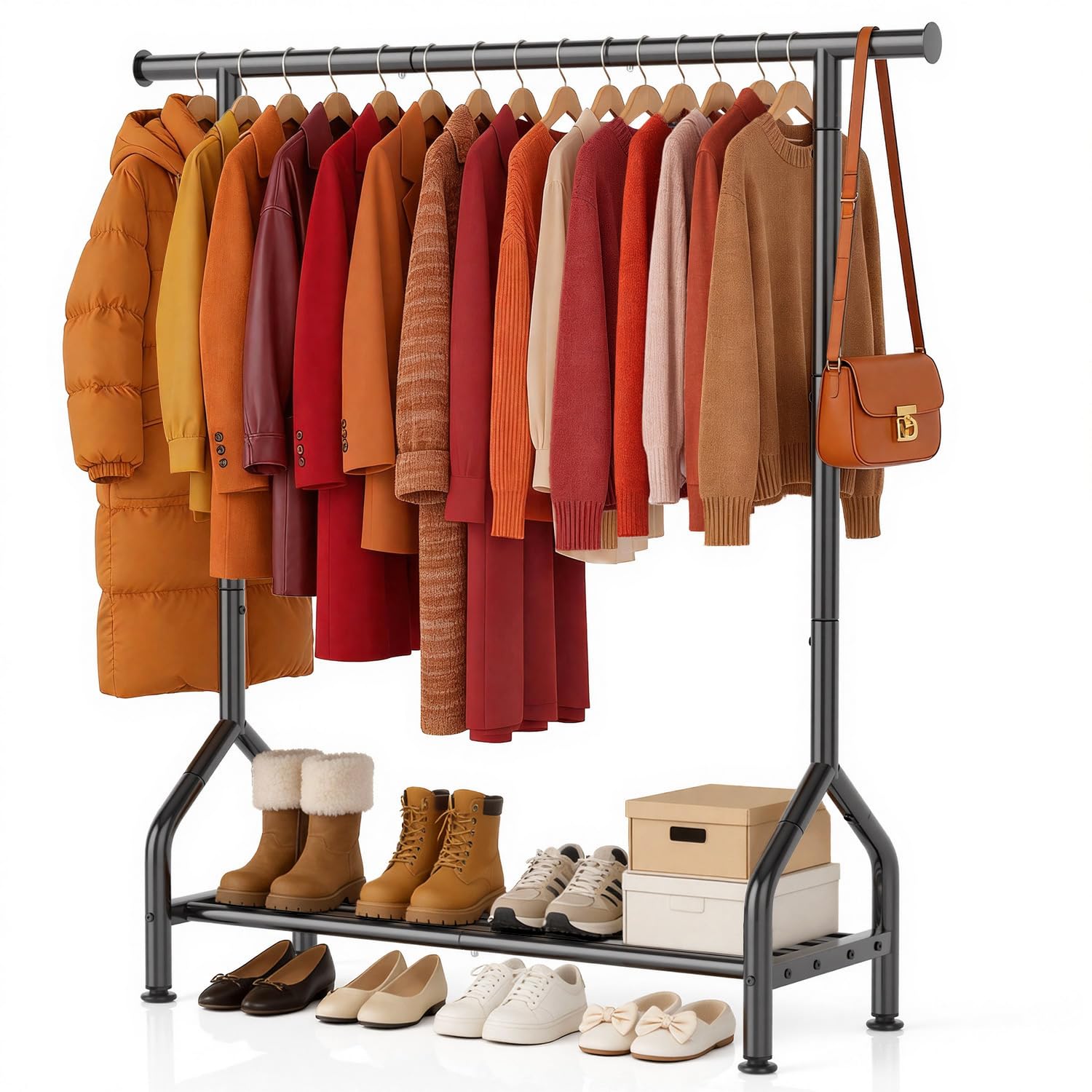 EAGMAK clothing rack with shelf in black in a bedroom setup for organization