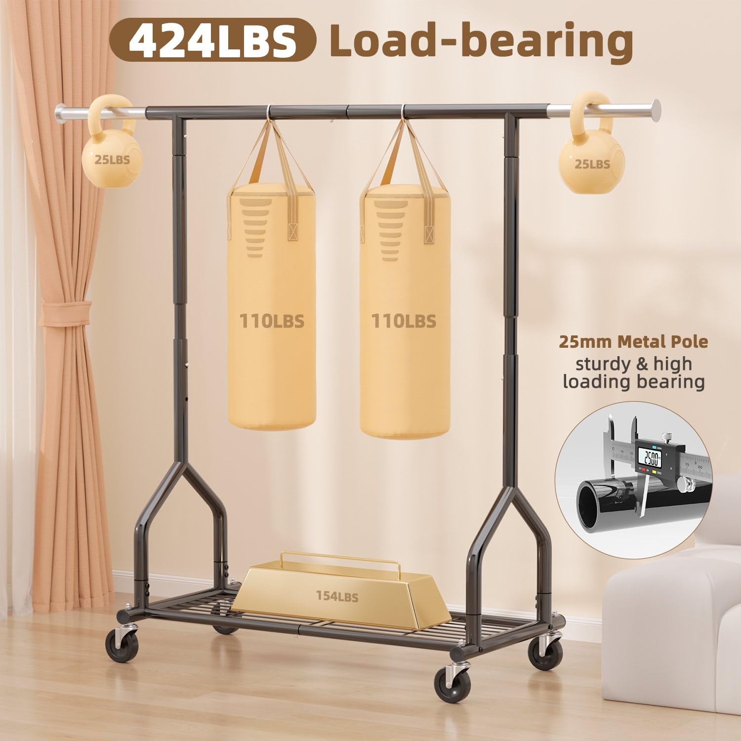 EAGMAK extendable hanging rod shows adjustable height for long dresses and short garments.