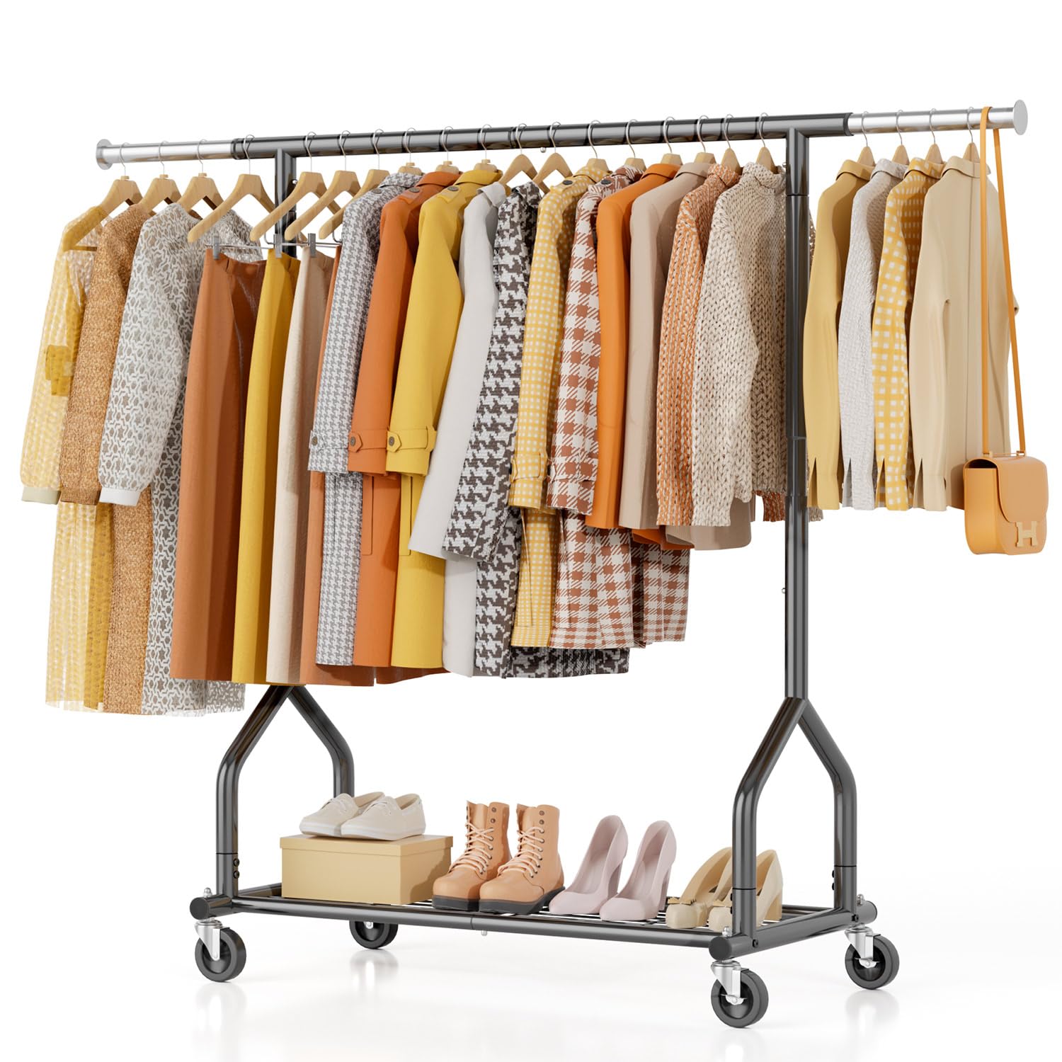 EAGMAK heavy-duty clothes rack with rolling wheels for easy relocation and setup.