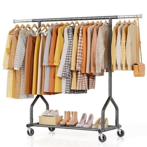 EAGMAK heavy-duty clothes rack with rolling wheels for easy relocation and setup.