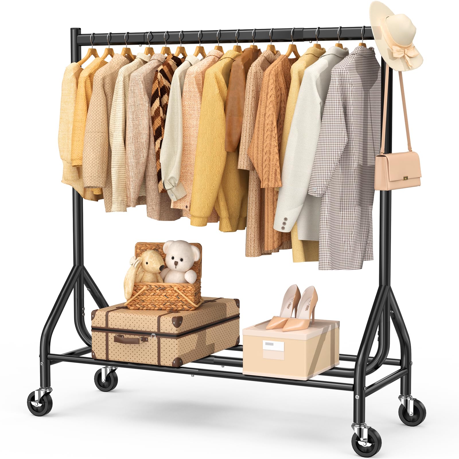 EAGMAK heavy-duty clothes rack side view showing sturdy stability for heavy wardrobe loads.