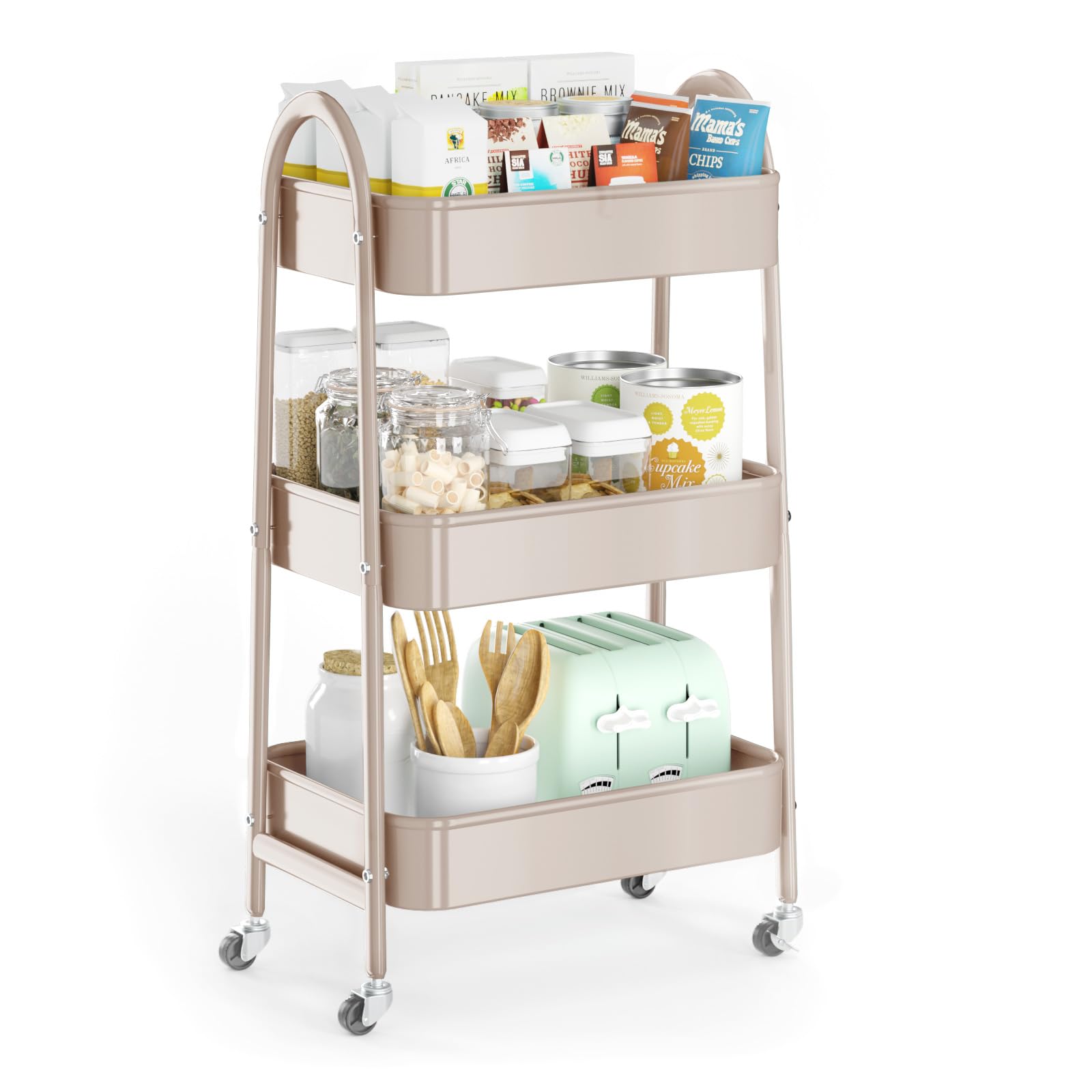 EAGMAK 3-tier beige cart side view with lockable wheels for stable transport