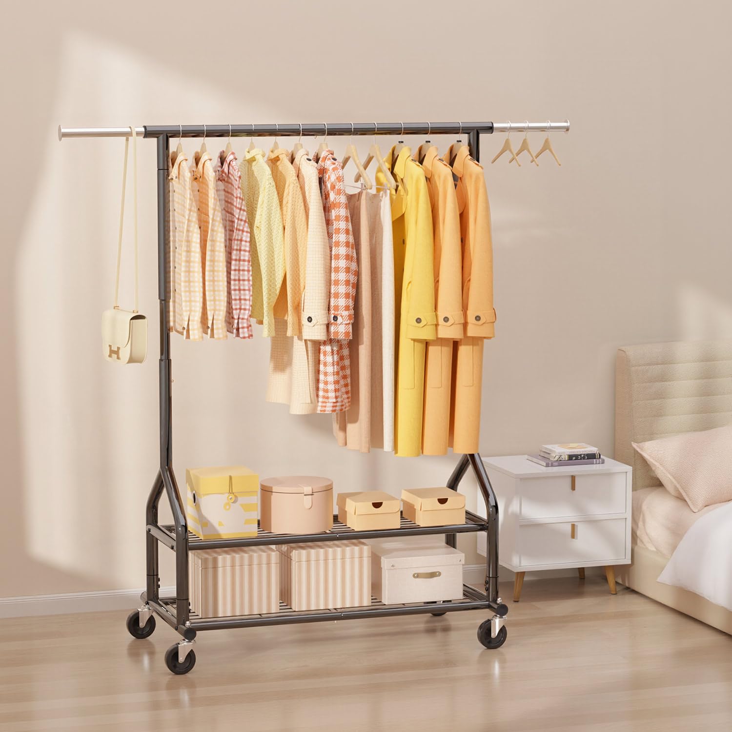 EAGMAK heavy-duty clothes rack with wide base resists wobble during heavy use.