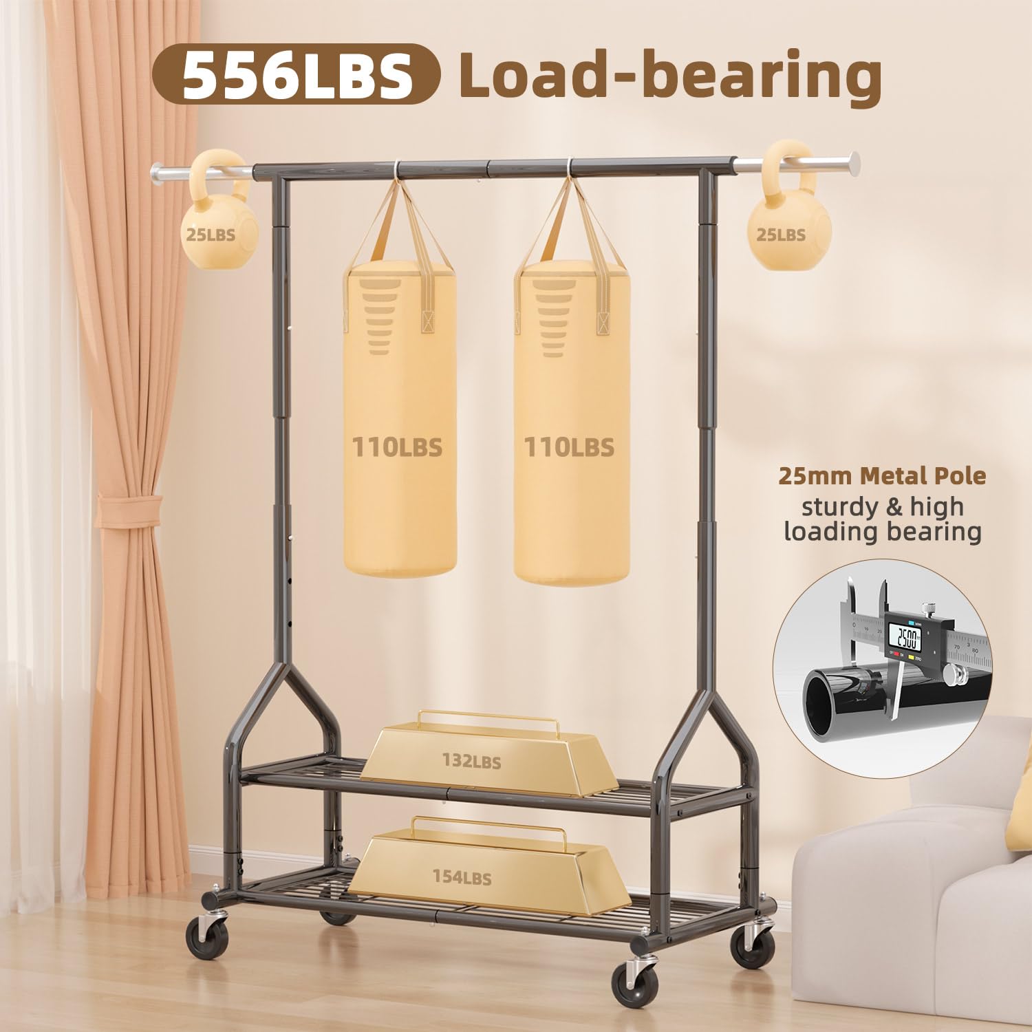 EAGMAK heavy-duty clothes rack with extended rod for long garments and flexible storage.