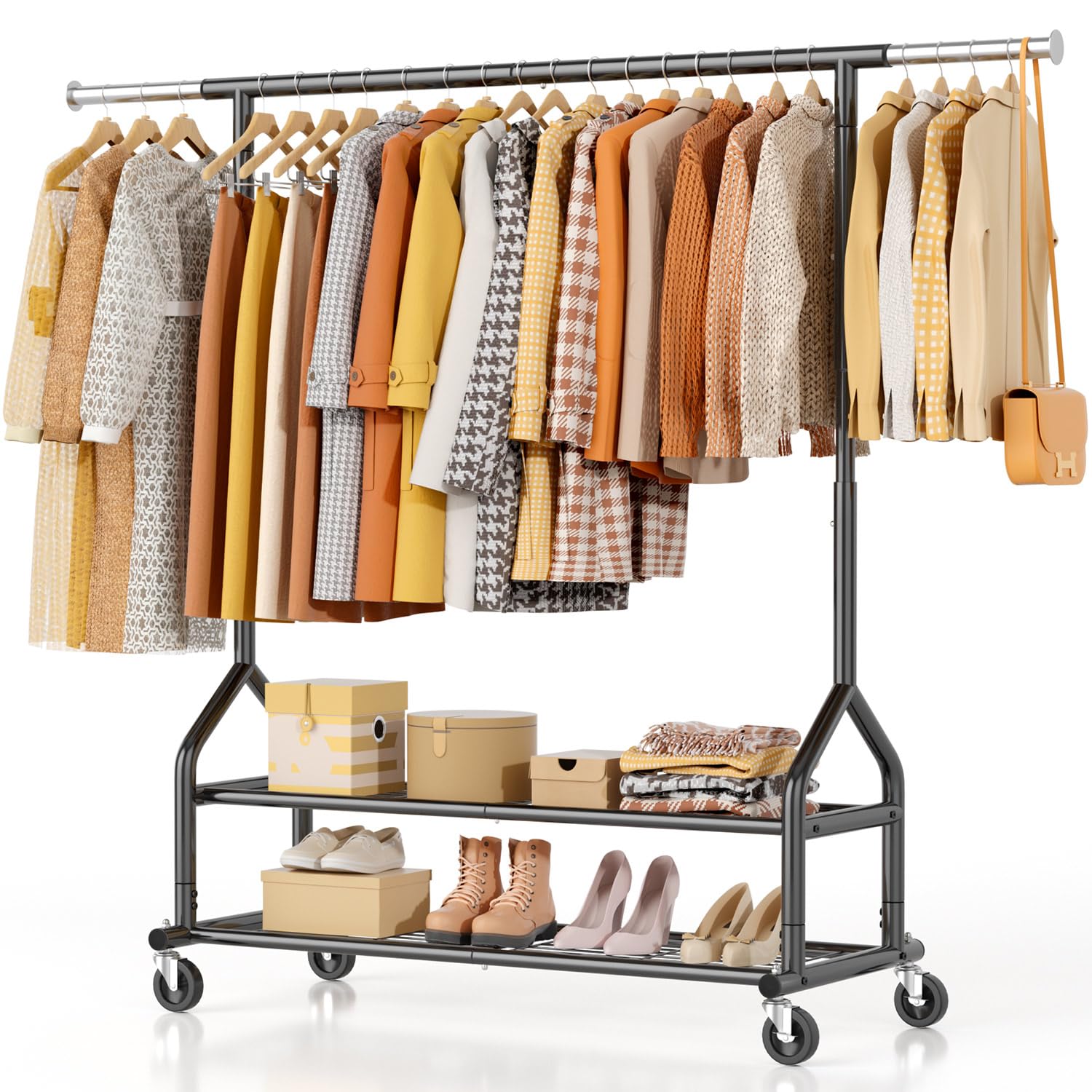 EAGMAK heavy-duty clothes rack front view showcasing sturdy carbon steel frame and ample hanging space.