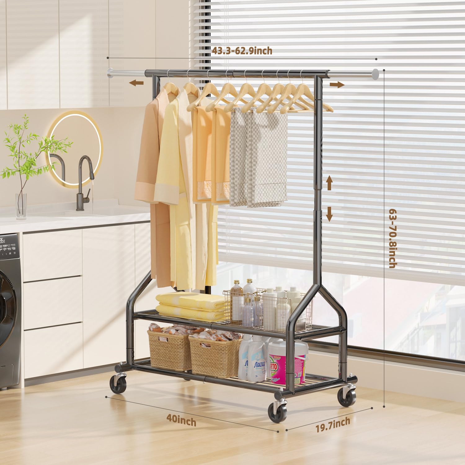 EAGMAK heavy-duty rack height-adjustable feature adapts to dresses and short garments with ease.