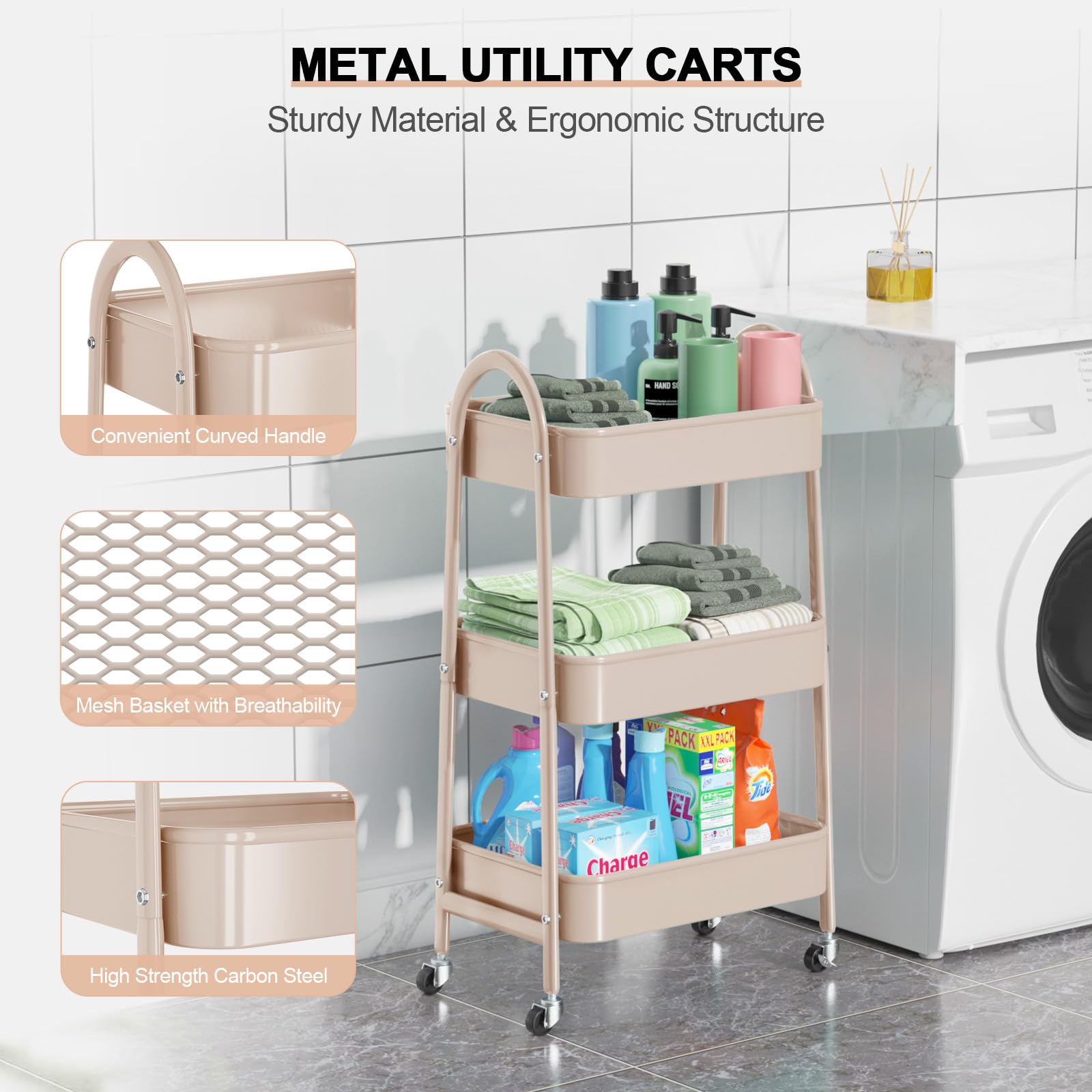 EAGMAK beige rolling cart front view showing sturdy frame and wheels