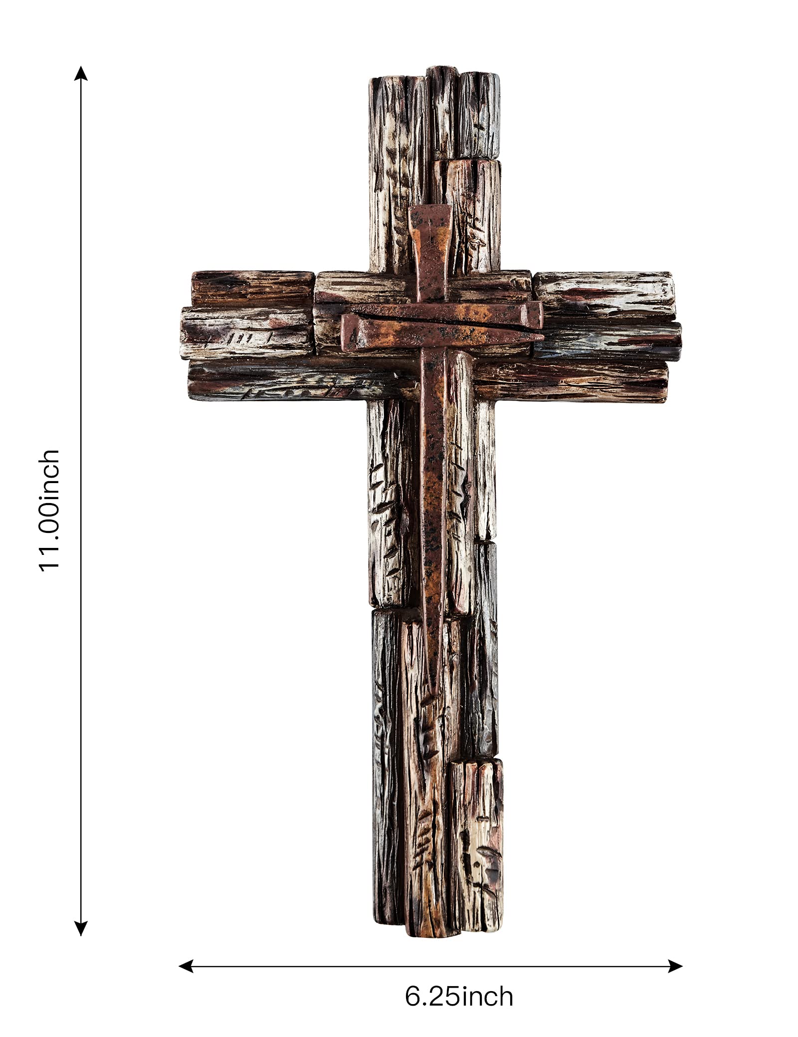 Close look at Eagrafts cross with faux iron nails detailing rustic hardware.
