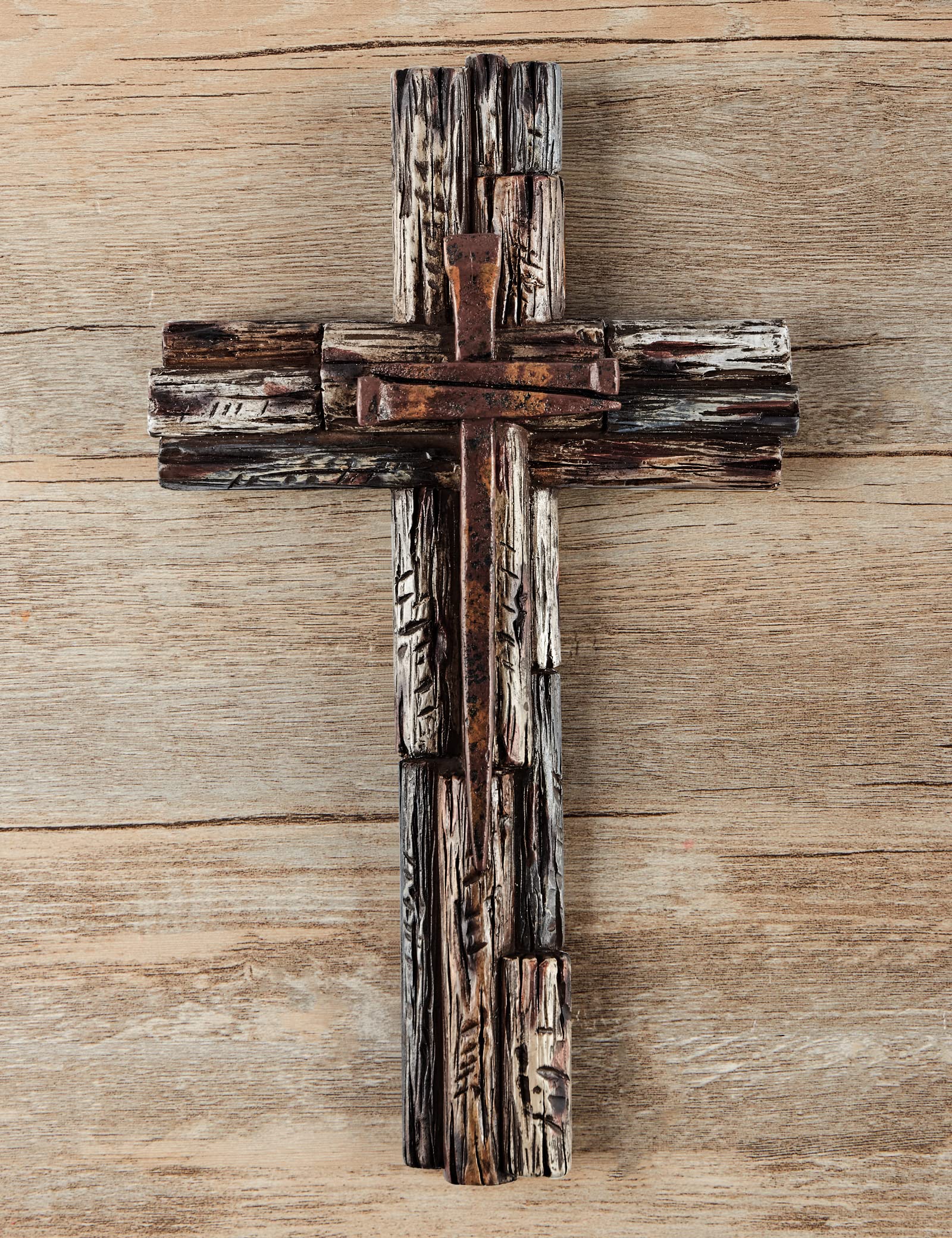 Layered cross design by Eagrafts with copper-nails accent creates visual interest on mantels.