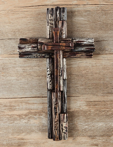 Layered cross design by Eagrafts with copper-nails accent creates visual interest on mantels.