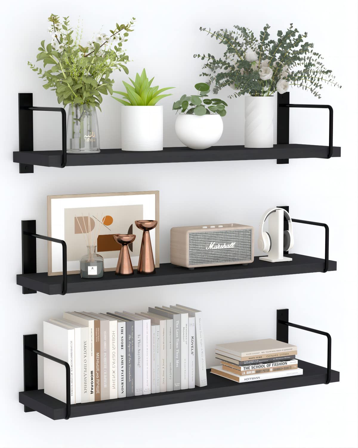 EALLRINEC floating shelves 24-inch set of 3 in black finish, ideal for decluttering.