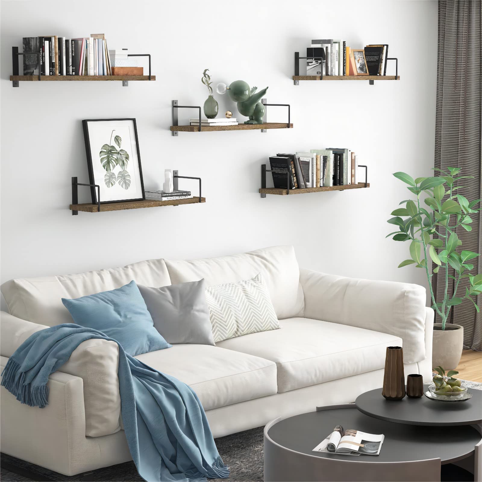 Rustic brown EALLRINEC wood wall shelves add decor and storage